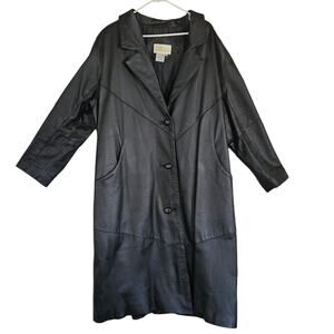 VTG Roaman's Leather Trench Coat V-Neck Collar Pockets Lined Black Size 1X